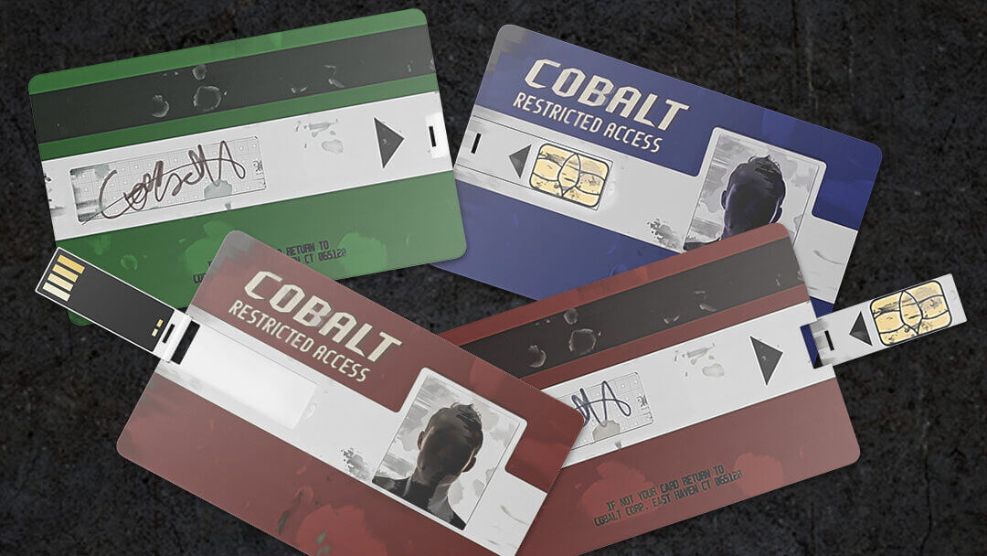 Rust inspired USB keycard of the red keycard, green card, and blue card