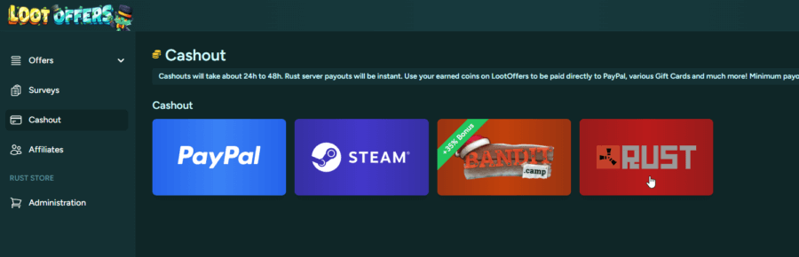 All of the available cashout options at lootoffers