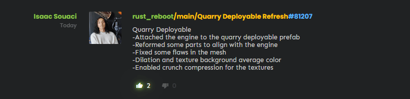 Rust update commits showing progress for deployable mining quarries
