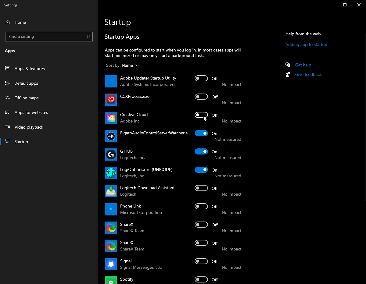 Windows startup applications window to disable unused programs to improve pc performance to increase Rust fps.