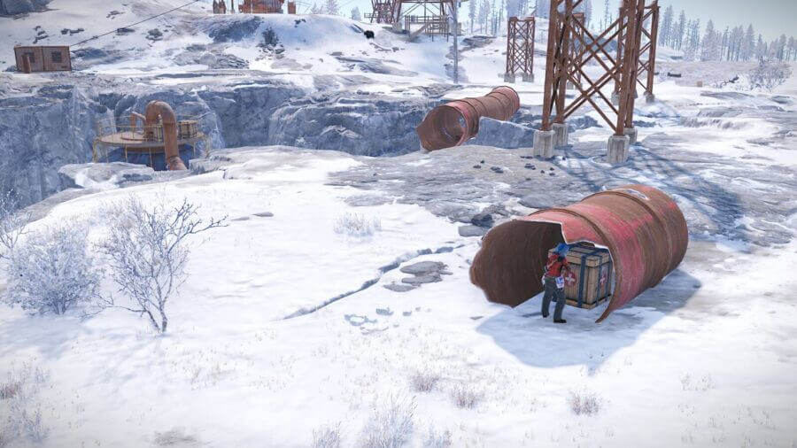 Inside of this broken fallen pipe you can easily loot a food/medical crate.