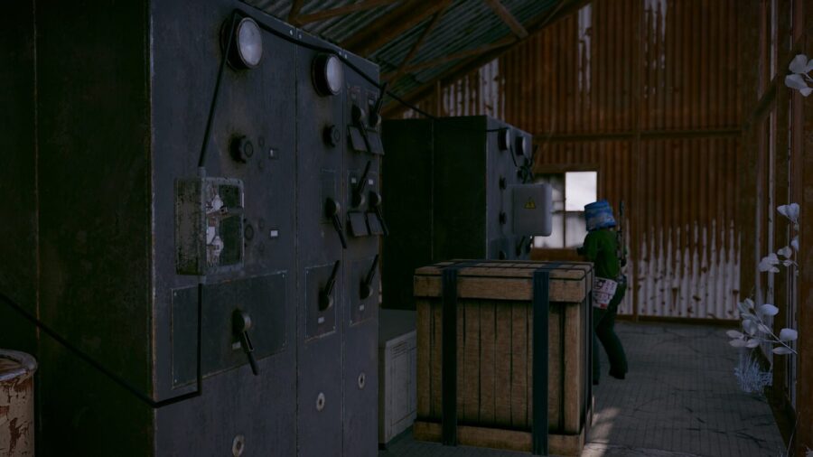Interior of the larger building in the parking area which has the fuse box and switch you need to activate for the puzzle