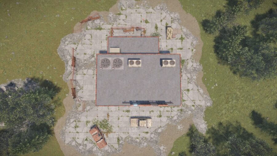 Top-down view of the abandoned supermarket monument in Rust.
