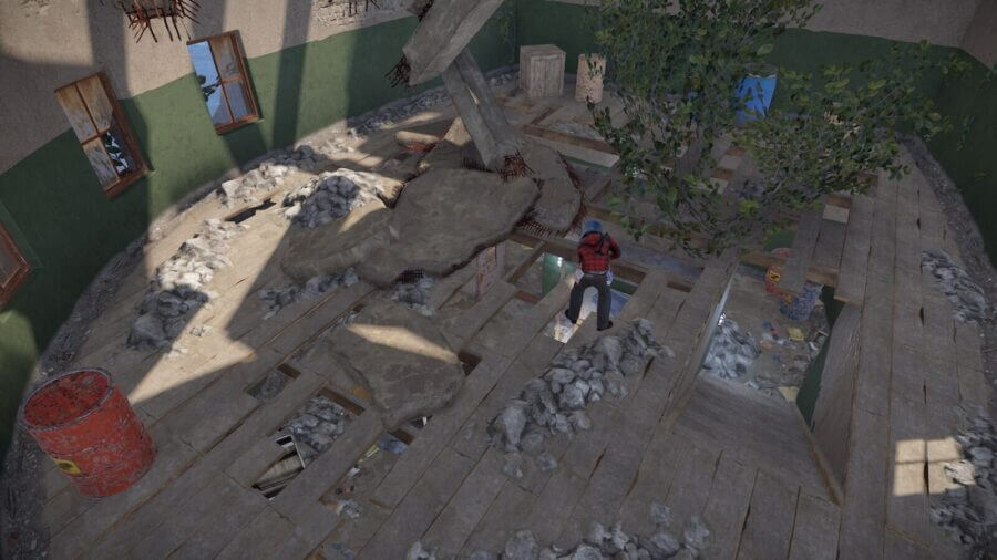 This crumbled room is a sweet spot for people to get a height advantage on other players. Cautiously continue upward after looting.