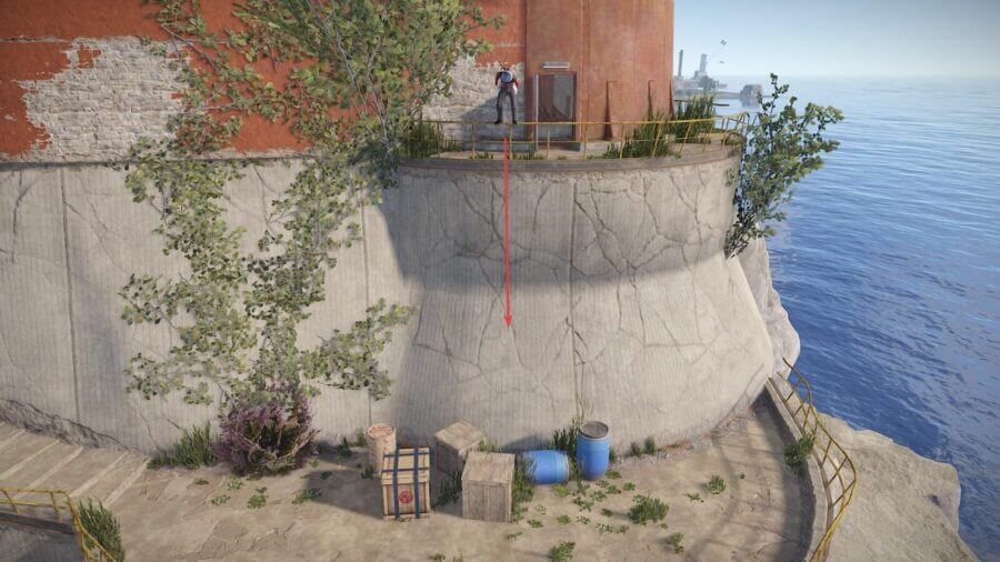 Lowest level and the easiest drop down to avoid fall damage when leaving the monument. Should not lose any health on this drop.
