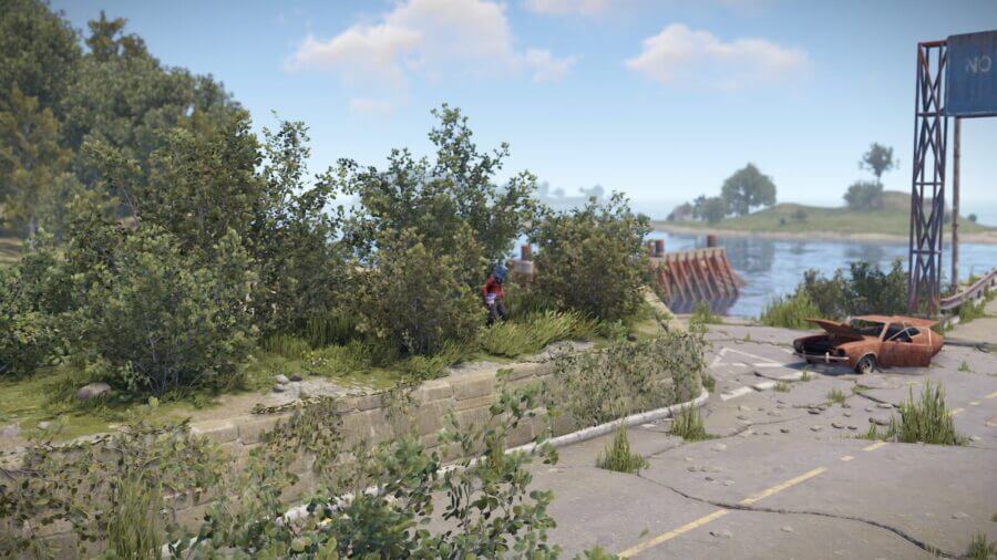 Near the main entrance to the left of the Ferry Terminal monument you'll find this very thick patch of foliage that you can easily hide in completely. As seen in the screenshot im very visible, but moving back a meter or two I would not be.