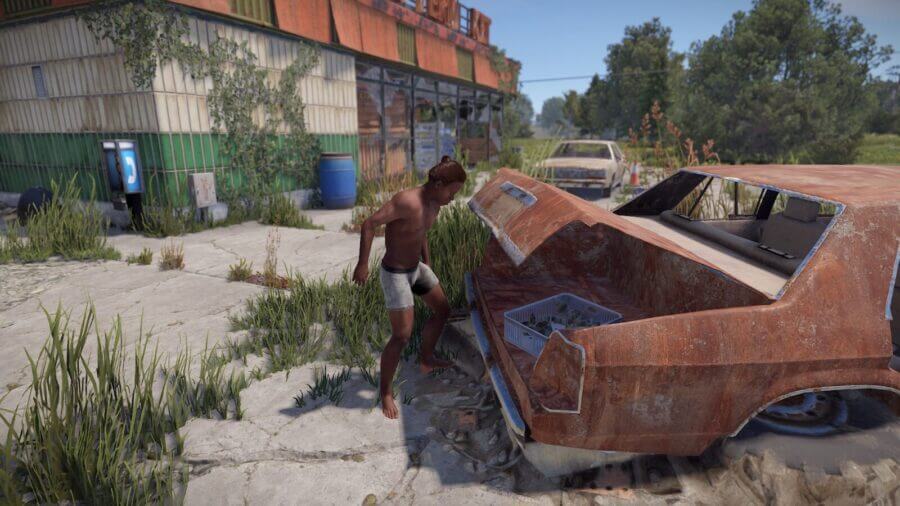 This car outside may spawn a vehicle parts box.