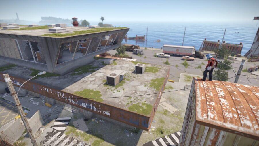 On the opposite side of that elevated hallway structure you can drop down onto the main ferry building in an abnormal location for a different viewpoint. You may lose a small amount of health from that drop.