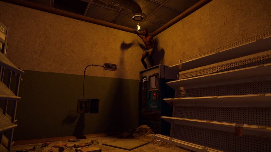 A rather odd location, but you can jump on top of the deactivated vending machine with all lights turned off to be nearly invisible.